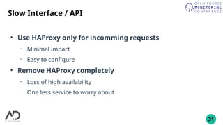 31
Slow Interface / API
●
Use HAProxy only for incomming requests
– Minimal impact
– Easy to configure
●
Remove HAProxy completely
– Loss of high availability
– One less service to worry about
 