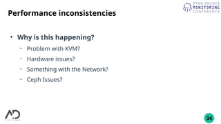 34
Performance inconsistencies
●
Why is this happening?
– Problem with KVM?
– Hardware issues?
– Something with the Network?
– Ceph Issues?
 