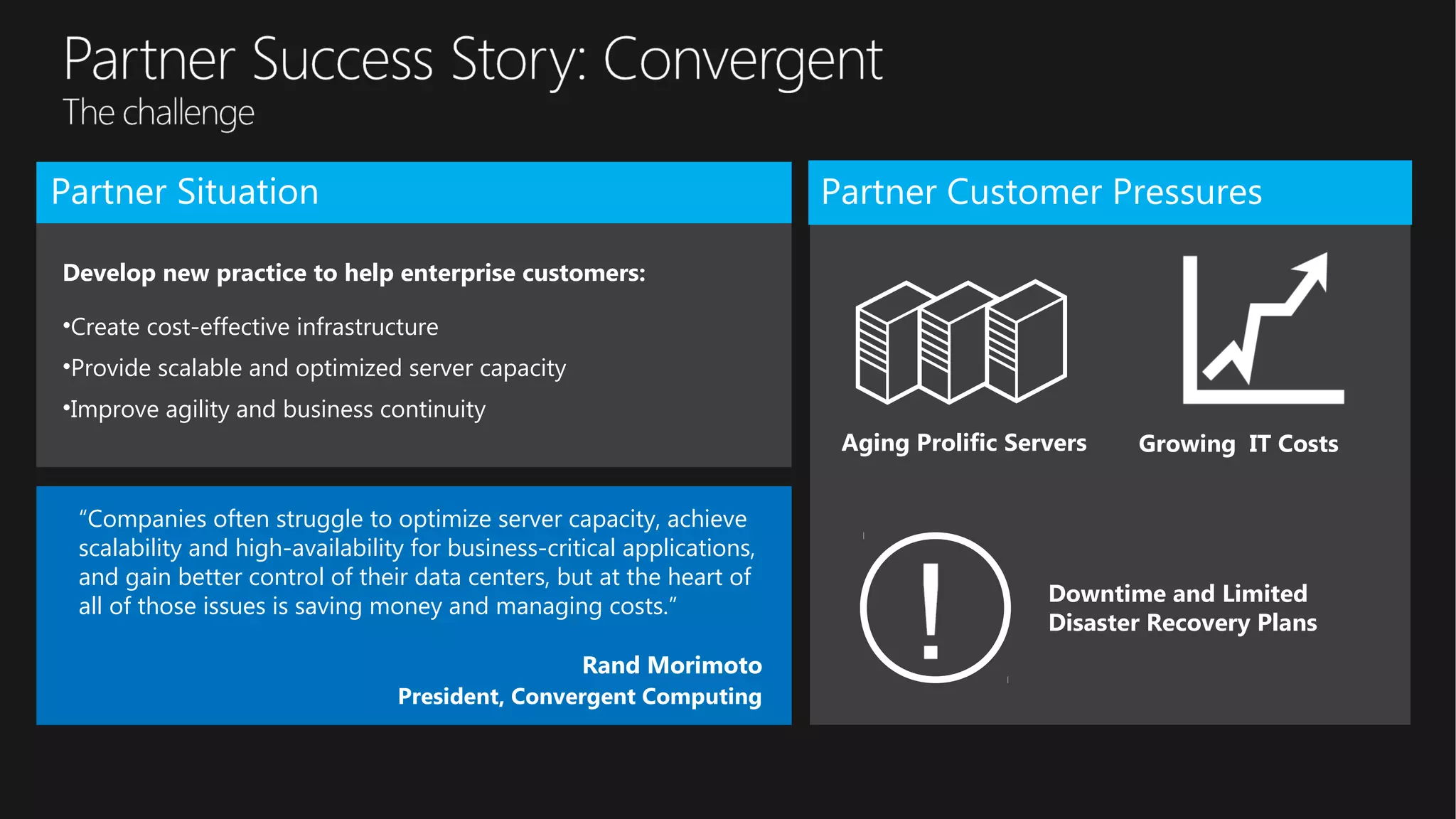 Aging Prolific Servers Growing IT Costs
Downtime and Limited
Disaster Recovery Plans
“Companies often struggle to optimize server capacity, achieve
scalability and high-availability for business-critical applications,
and gain better control of their data centers, but at the heart of
all of those issues is saving money and managing costs.”
Rand Morimoto
President, Convergent Computing
Partner Customer PressuresPartner Situation
Develop new practice to help enterprise customers:
•Create cost-effective infrastructure
•Provide scalable and optimized server capacity
•Improve agility and business continuity
 