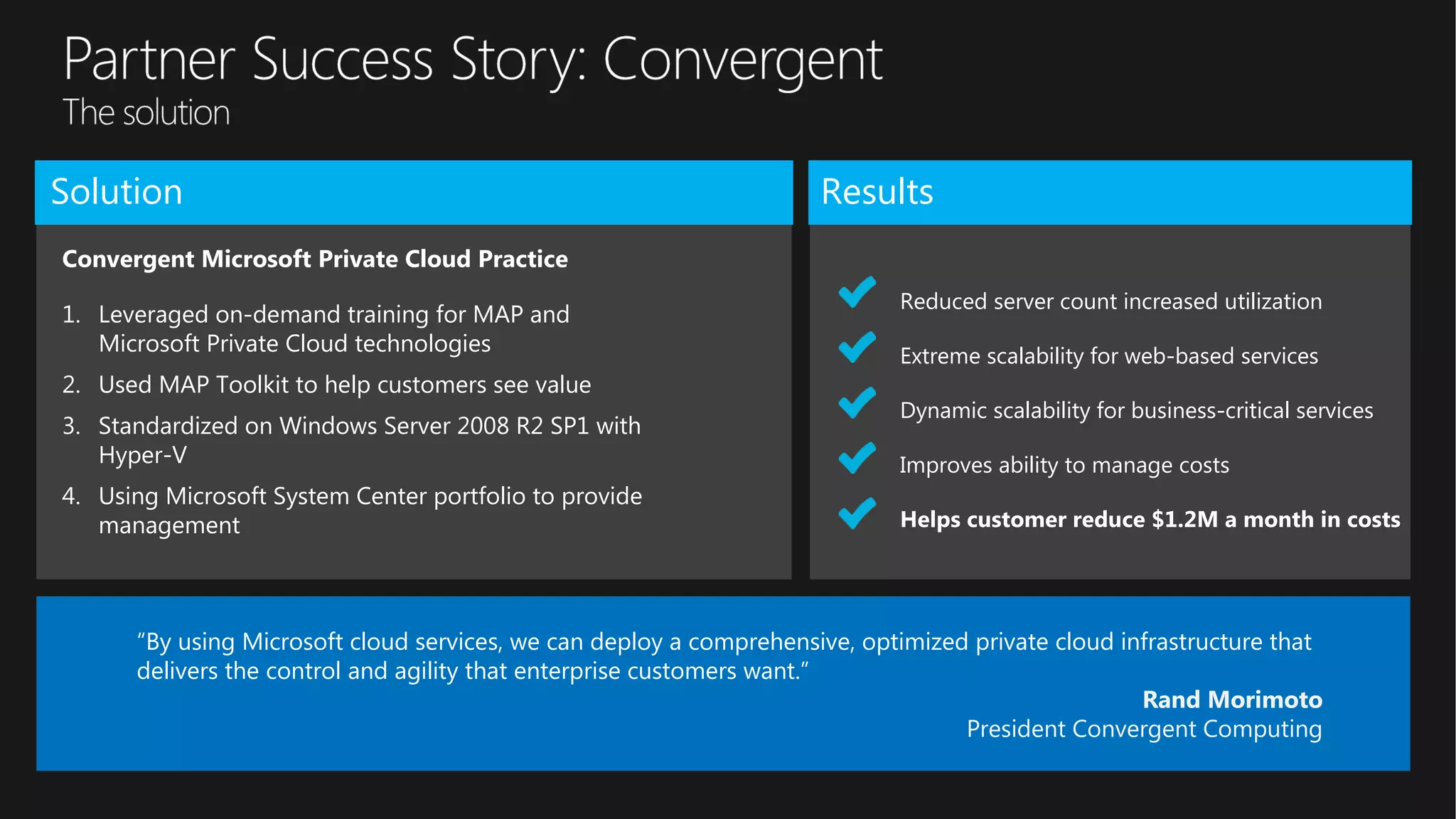 ResultsSolution
Convergent Microsoft Private Cloud Practice
1. Leveraged on-demand training for MAP and
Microsoft Private Cloud technologies
2. Used MAP Toolkit to help customers see value
3. Standardized on Windows Server 2008 R2 SP1 with
Hyper-V
4. Using Microsoft System Center portfolio to provide
management
Reduced server count increased utilization
Extreme scalability for web-based services
Dynamic scalability for business-critical services
Improves ability to manage costs
Helps customer reduce $1.2M a month in costs
“By using Microsoft cloud services, we can deploy a comprehensive, optimized private cloud infrastructure that
delivers the control and agility that enterprise customers want.”
Rand Morimoto
President Convergent Computing
 