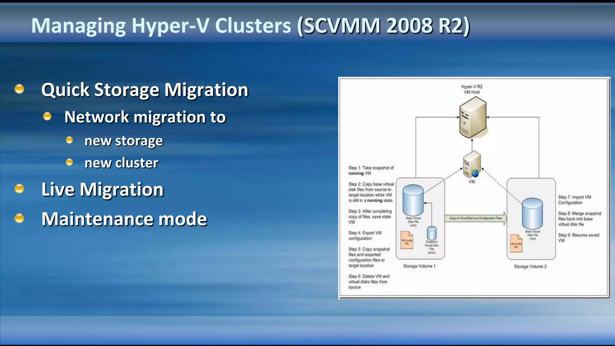 Managing Hyper-V Clusters (SCVMM 2008 R2)

Quick Storage Migration
   Network migration to
     new storage
     new cluster
Live Migration
Maintenance mode
 