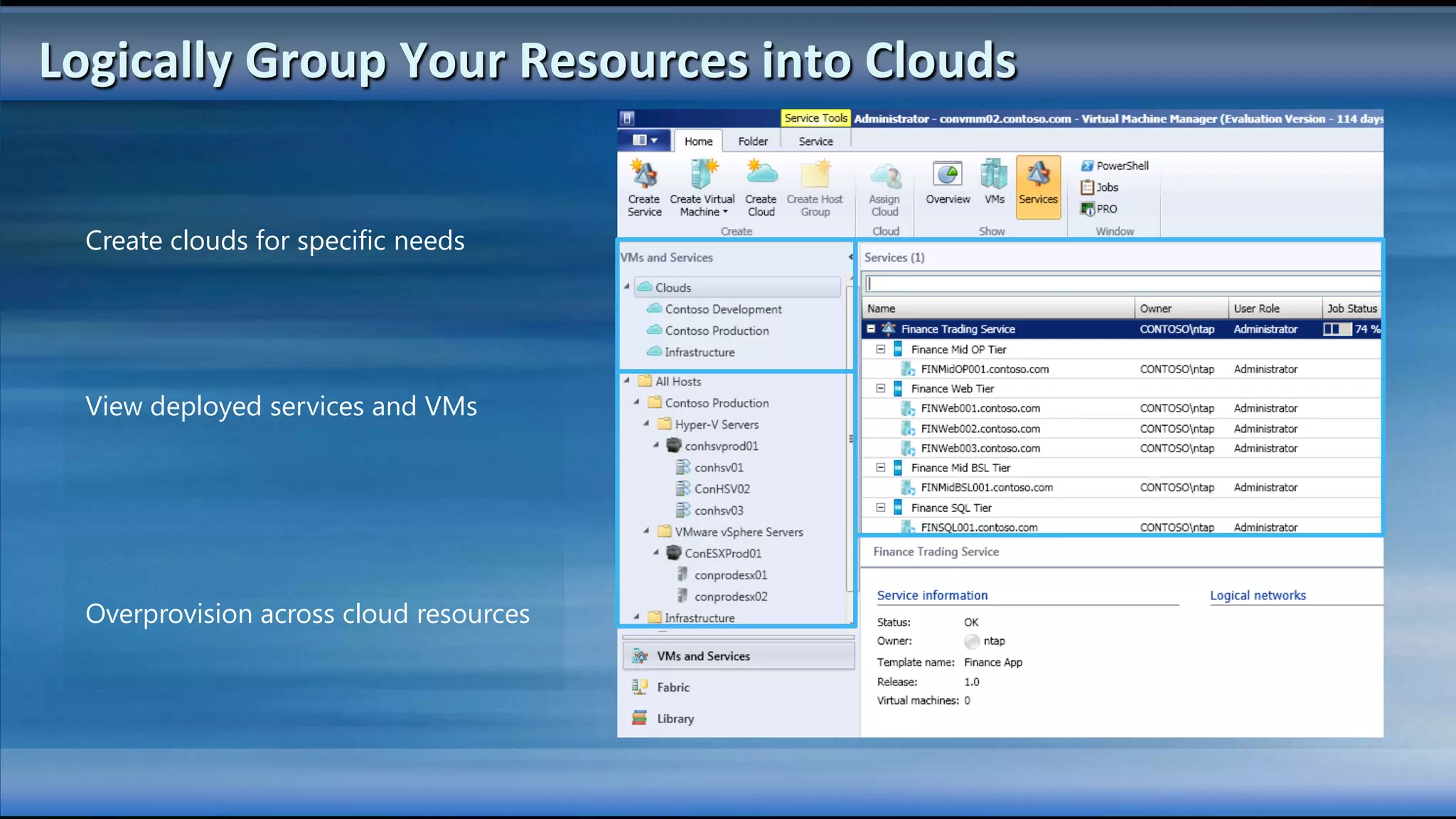 Logically Group Your Resources into Clouds


  Create clouds for specific needs




  View deployed services and VMs




  Overprovision across cloud resources
 