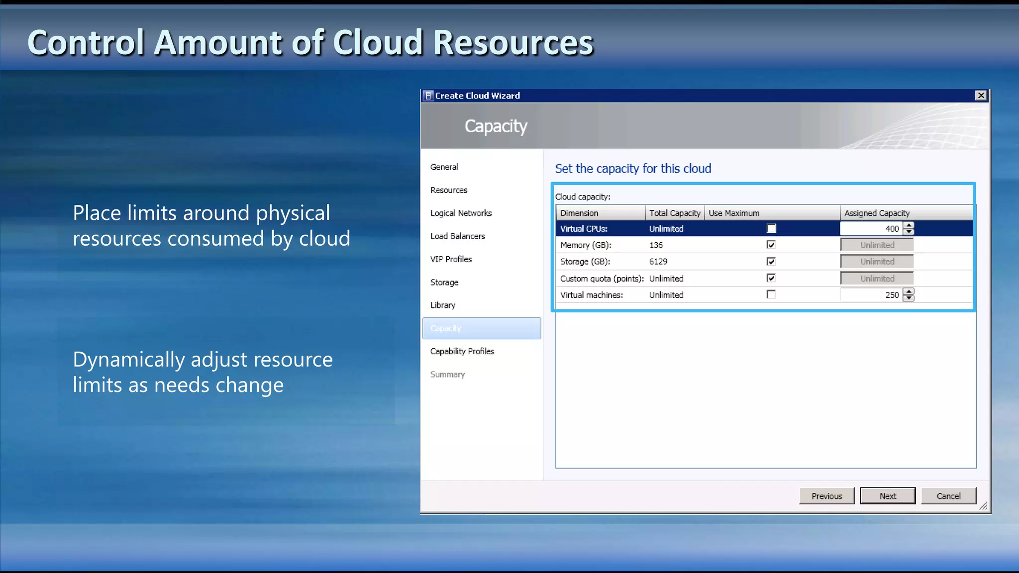 Control Amount of Cloud Resources



  Place limits around physical
  resources consumed by cloud




  Dynamically adjust resource
  limits as needs change
 