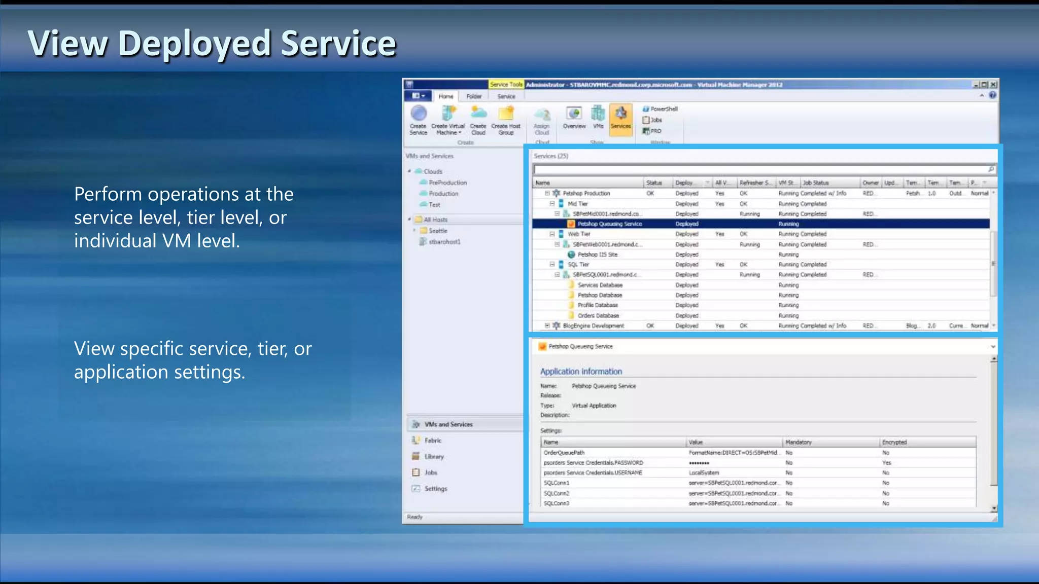 View Deployed Service


  Perform operations at the
  service level, tier level, or
  individual VM level.




  View specific service, tier, or
  application settings.
 