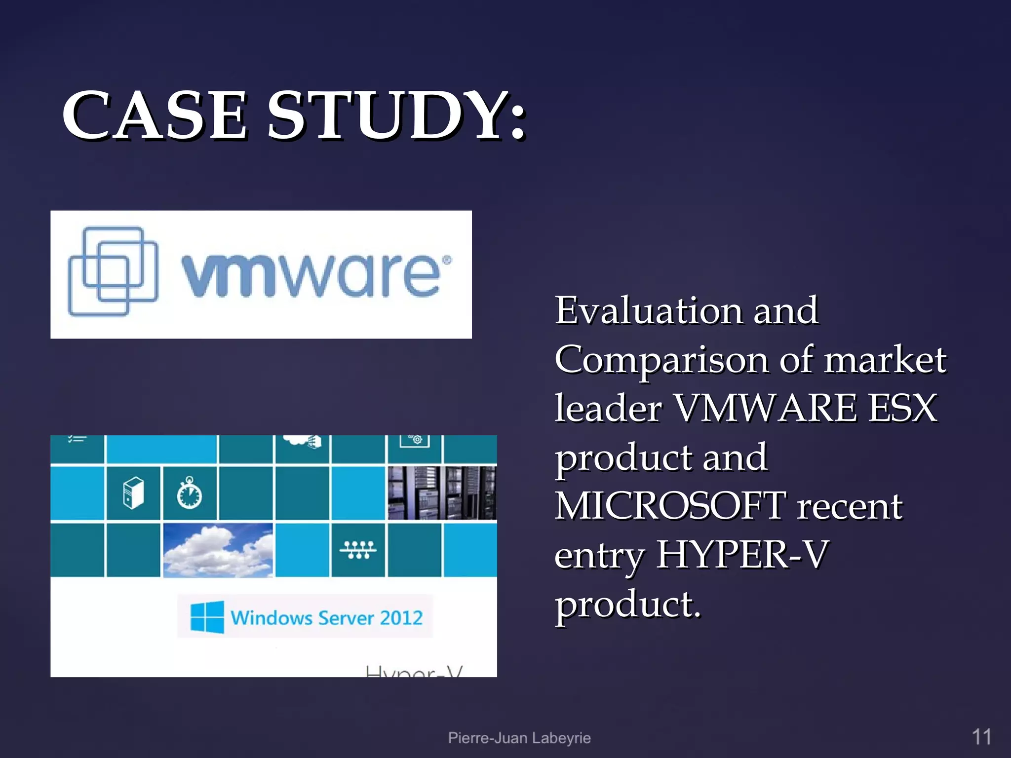 CASE STUDY:

              Evaluation and
              Comparison of market
              leader VMWARE ESX
              product and
              MICROSOFT recent
              entry HYPER-V
              product.
 