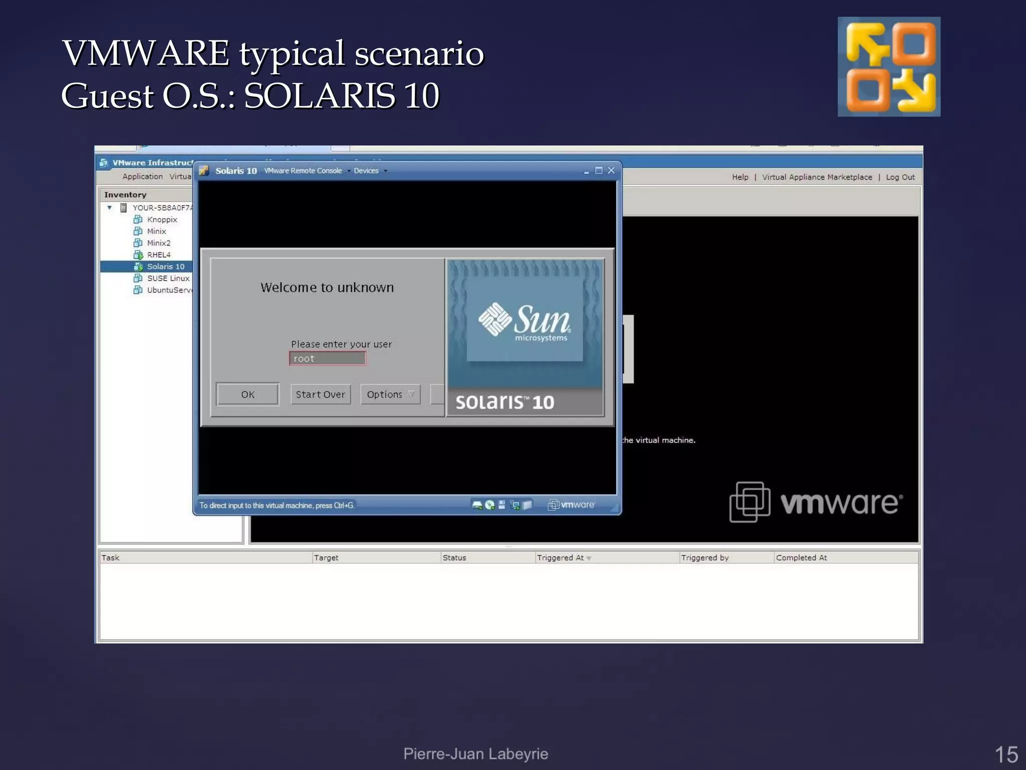 VMWARE typical scenario
Guest O.S.: SOLARIS 10
 