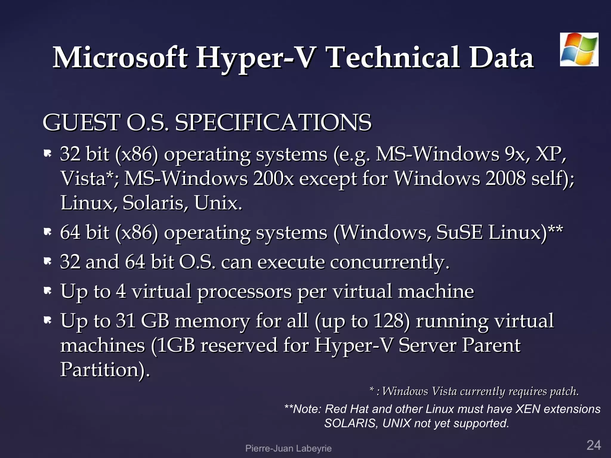 Microsoft Hyper-V Technical Data

GUEST O.S. SPECIFICATIONS
   32 bit (x86) operating systems (e.g. MS-Windows 9x, XP,
    Vista*; MS-Windows 200x except for Windows 2008 self);
    Linux, Solaris, Unix.
   64 bit (x86) operating systems (Windows, SuSE Linux)**
   32 and 64 bit O.S. can execute concurrently.
   Up to 4 virtual processors per virtual machine
   Up to 31 GB memory for all (up to 128) running virtual
    machines (1GB reserved for Hyper-V Server Parent
    Partition).
                                          * : Windows Vista currently requires patch.
                           **Note: Red Hat and other Linux must have XEN extensions
                                   SOLARIS, UNIX not yet supported.
 