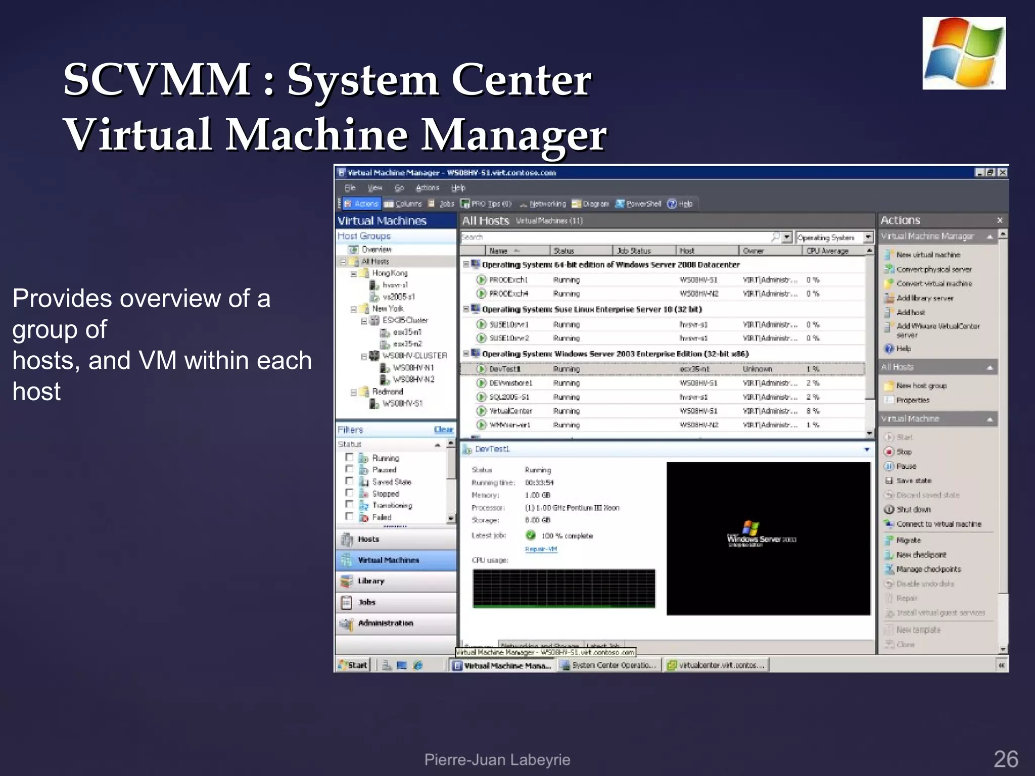 SCVMM : System Center
    Virtual Machine Manager


Provides overview of a
group of
hosts, and VM within each
host
 