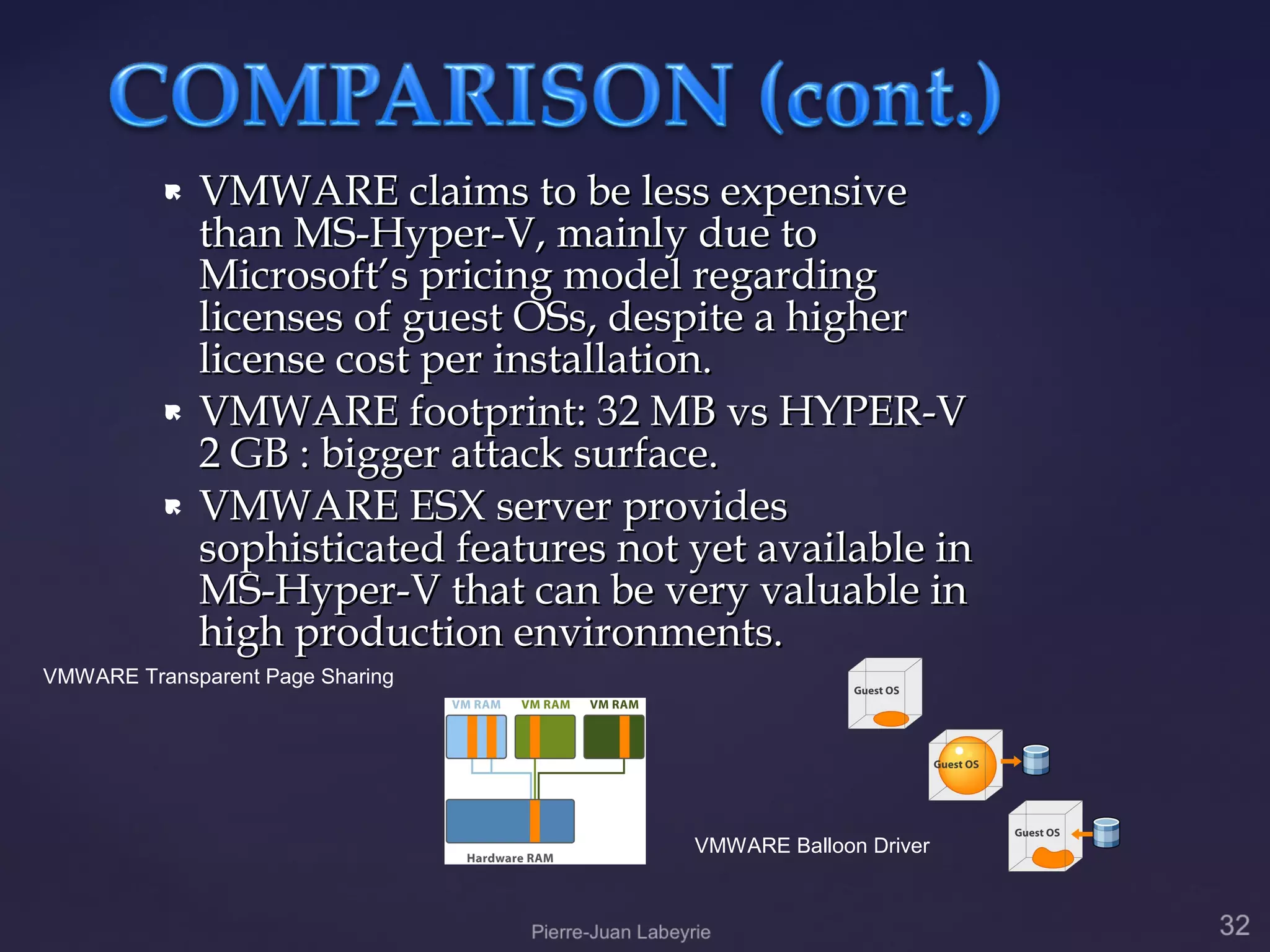    VMWARE claims to be less expensive
              than MS-Hyper-V, mainly due to
              Microsoft’s pricing model regarding
              licenses of guest OSs, despite a higher
              license cost per installation.
             VMWARE footprint: 32 MB vs HYPER-V
              2 GB : bigger attack surface.
             VMWARE ESX server provides
              sophisticated features not yet available in
              MS-Hyper-V that can be very valuable in
              high production environments.
VMWARE Transparent Page Sharing




                                         VMWARE Balloon Driver
 