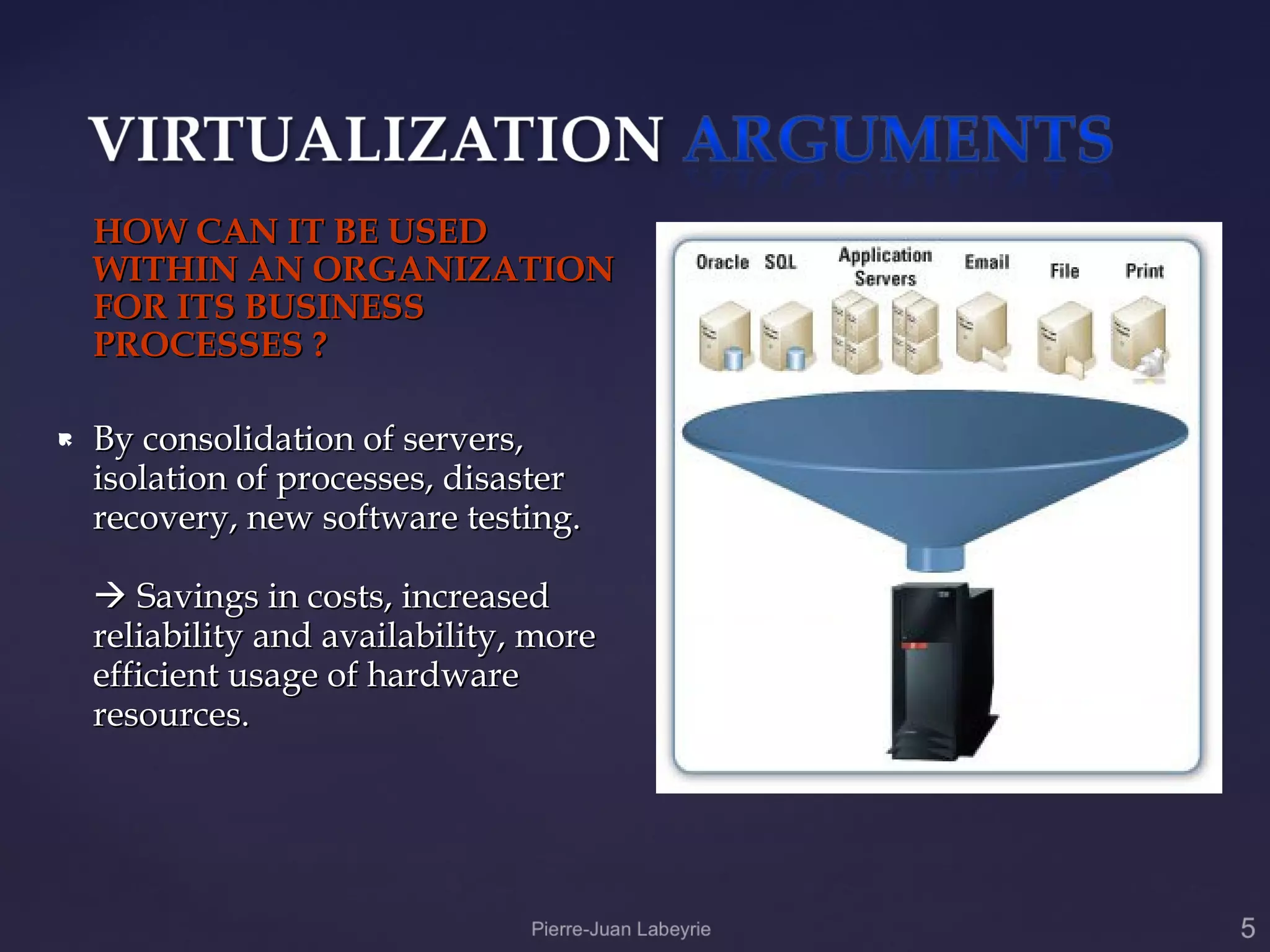 HOW CAN IT BE USED
    WITHIN AN ORGANIZATION
    FOR ITS BUSINESS
    PROCESSES ?

   By consolidation of servers,
    isolation of processes, disaster
    recovery, new software testing.

     Savings in costs, increased
    reliability and availability, more
    efficient usage of hardware
    resources.
 