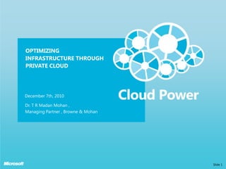 OPTIMIZING
INFRASTRUCTURE THROUGH
PRIVATE CLOUD




December 7th, 2010

Dr. T R Madan Mohan ,
Managing Partner , Browne & Mohan




                                    Slide 1
 