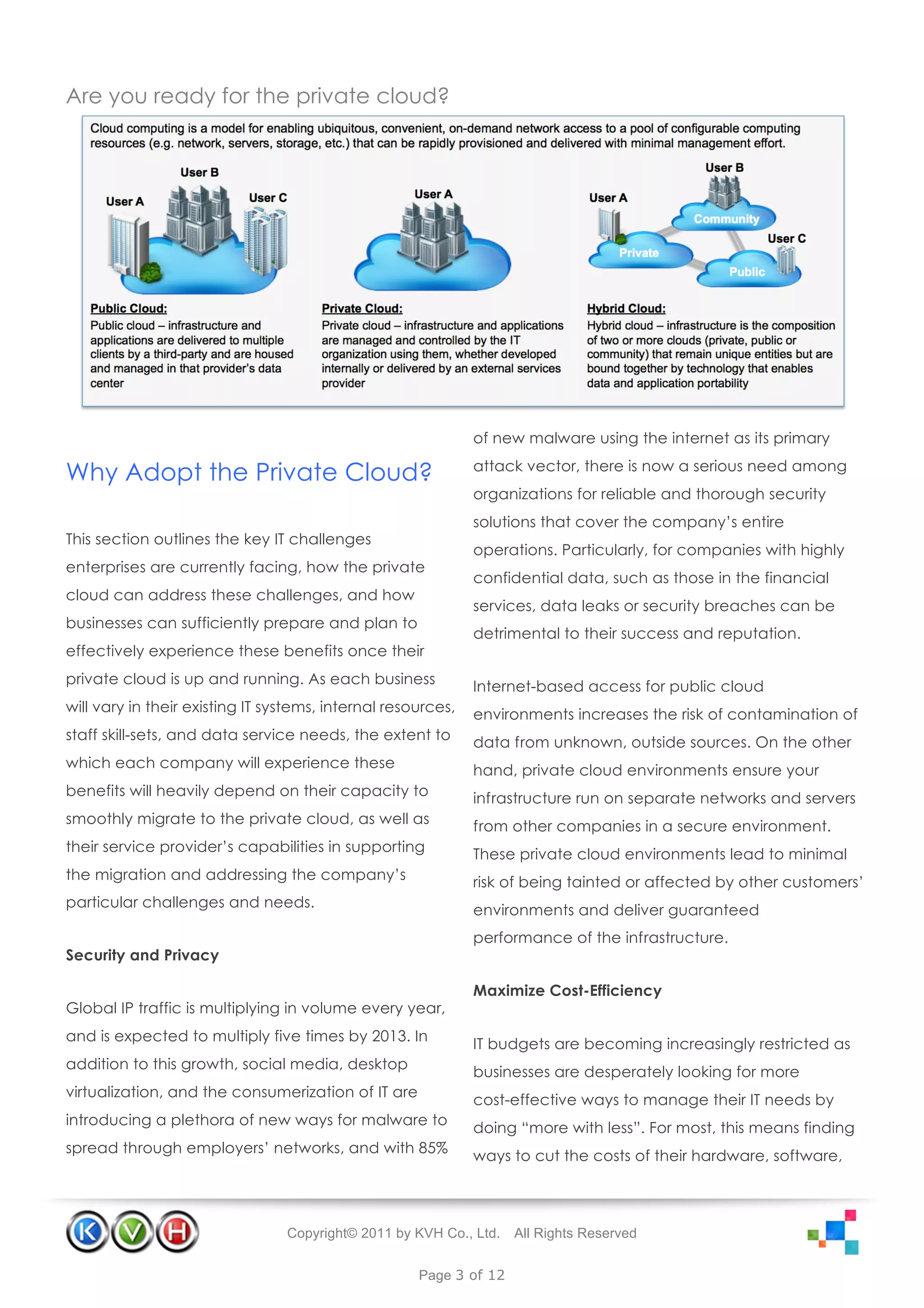 Are you ready for the private cloud?




                                                              of new malware using the internet as its primary

Why Adopt the Private Cloud?                                  attack vector, there is now a serious need among
                                                              organizations for reliable and thorough security
                                                              solutions that cover the company’s entire
This section outlines the key IT challenges
                                                              operations. Particularly, for companies with highly
enterprises are currently facing, how the private
                                                              confidential data, such as those in the financial
cloud can address these challenges, and how
                                                              services, data leaks or security breaches can be
businesses can sufficiently prepare and plan to
                                                              detrimental to their success and reputation.
effectively experience these benefits once their
private cloud is up and running. As each business             Internet-based access for public cloud
will vary in their existing IT systems, internal resources,   environments increases the risk of contamination of
staff skill-sets, and data service needs, the extent to       data from unknown, outside sources. On the other
which each company will experience these                      hand, private cloud environments ensure your
benefits will heavily depend on their capacity to             infrastructure run on separate networks and servers
smoothly migrate to the private cloud, as well as             from other companies in a secure environment.
their service provider’s capabilities in supporting           These private cloud environments lead to minimal
the migration and addressing the company’s                    risk of being tainted or affected by other customers’
particular challenges and needs.
                                                              environments and deliver guaranteed
                                                              performance of the infrastructure.
Security and Privacy

                                                              Maximize Cost-Efficiency
Global IP traffic is multiplying in volume every year,
and is expected to multiply five times by 2013. In
                                                              IT budgets are becoming increasingly restricted as
addition to this growth, social media, desktop
                                                              businesses are desperately looking for more
virtualization, and the consumerization of IT are
                                                              cost-effective ways to manage their IT needs by
introducing a plethora of new ways for malware to
                                                              doing “more with less”. For most, this means finding
spread through employers’ networks, and with 85%
                                                              ways to cut the costs of their hardware, software,




                                 Copyright© 2011 by KVH Co., Ltd.   All Rights Reserved


                                                     Page 3 of 12
 