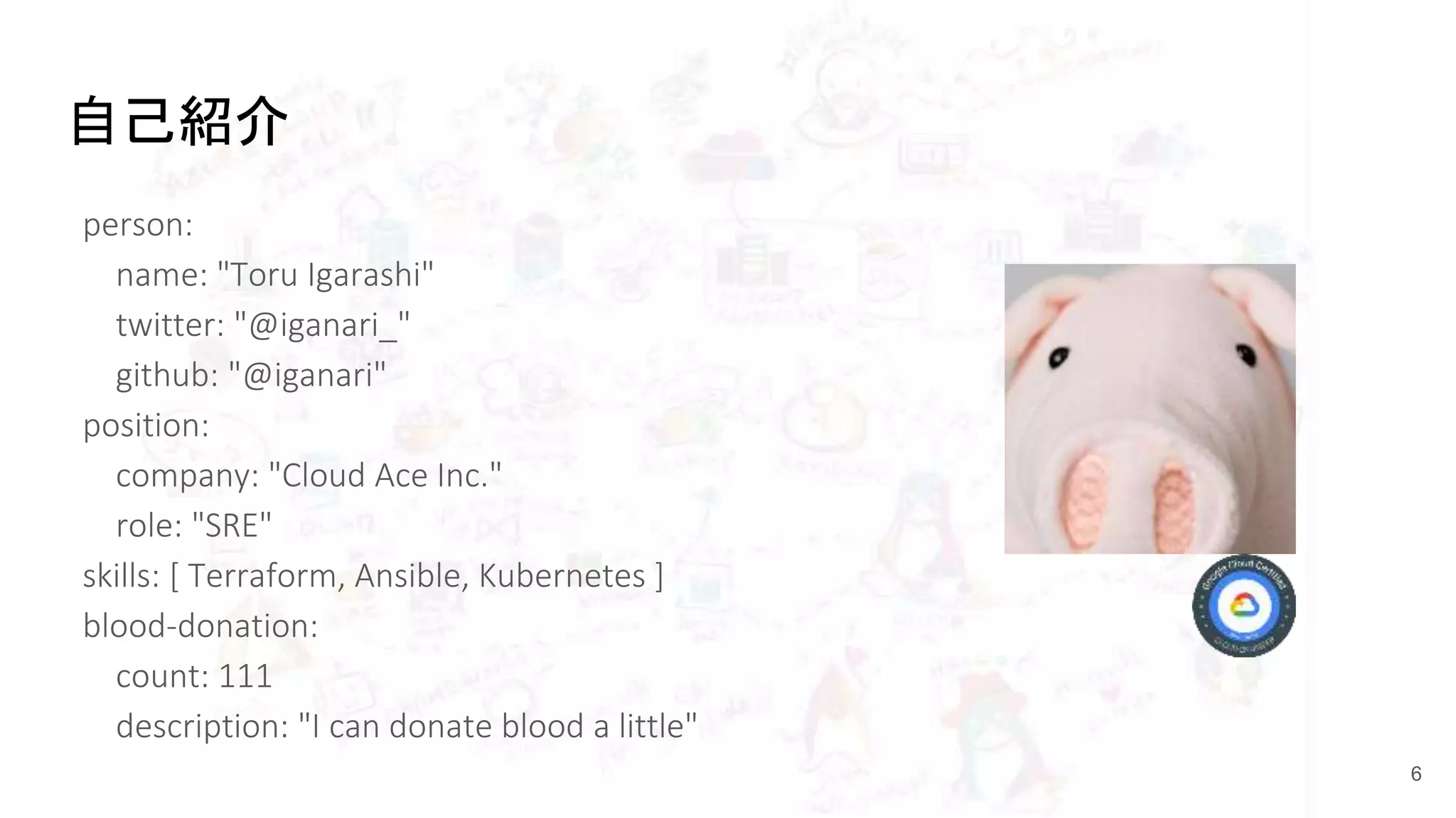 自己紹介
person:
name: "Toru Igarashi"
twitter: "@iganari_"
github: "@iganari"
position:
company: "Cloud Ace Inc."
role: "SRE"
skills: [ Terraform, Ansible, Kubernetes ]
blood-donation:
count: 111
description: "I can donate blood a little"
6
 