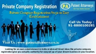 Looking for an own establishment in India or abroad! Great ideas like private company
registration give you actually authority for easy set up of your dream business in your location.

 