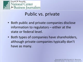 Public vs. private Both public and private companies disclose information to regulators – either at the state or federal level. Both types of companies have shareholders, although private companies typically don’t have as many. 