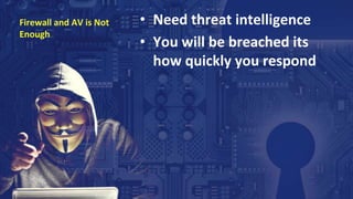 Firewall and AV is Not
Enough
• Need threat intelligence
• You will be breached its
how quickly you respond
 