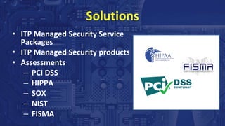 Solutions
• ITP Managed Security Service
Packages
• ITP Managed Security products
• Assessments
– PCI DSS
– HIPPA
– SOX
– NIST
– FISMA
 