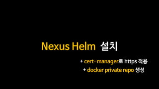 Nexus Helm 설치
+ cert-manager로 https 적용
+ docker private repo 생성
 
