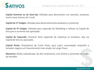 www.grupoativos.com.br
Categorias de Investimento de um “P.E.”
Capital Semente ou de Start-Up: Utilizado para desenvolver um conceito, empresas
muito novas (menos de 1 ano)
Capital de 1º Estágio: Utilizado para desenvolvimento produtivo e comercial.
Capital de 2º Estágio: Utilizado para expansão de Marketing e reforço no Capital de
Giro para o aumento das operações.
Capital de Expansão: Financiar forte expansão de empresas já lucrativas, seja via
Capital de Giro ou aquisições.
Capital Ponte: Empréstimo de Curto Prazo, para suprir necessidade enquanto o
tomador negocia um financiamento mais amplo, de Longo Prazo.
Mezanino: Dívida subordinada, de alto rendimento, com direito a conversão em ações
do tomador.
 