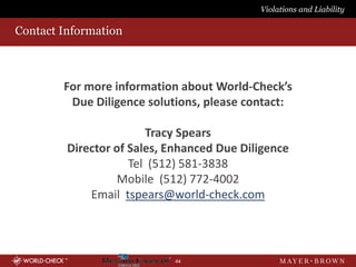 Violations and Liability

Contact Information



        For more information about World-Check’s
         Due Diligence solutions, please contact:

                        Tracy Spears
         Director of Sales, Enhanced Due Diligence
                     Tel (512) 581-3838
                   Mobile (512) 772-4002
             Email tspears@world-check.com




                             44
 
