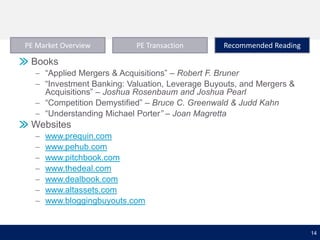 PE Market Overview

PE Transaction

Recommended Reading

Books
 “Applied Mergers & Acquisitions” – Robert F. Bruner
 “Investment Banking: Valuation, Leverage Buyouts, and Mergers &
Acquisitions” – Joshua Rosenbaum and Joshua Pearl
 “Competition Demystified” – Bruce C. Greenwald & Judd Kahn
 “Understanding Michael Porter” – Joan Magretta

Websites








www.prequin.com
www.pehub.com
www.pitchbook.com
www.thedeal.com
www.dealbook.com
www.altassets.com
www.bloggingbuyouts.com

14

 