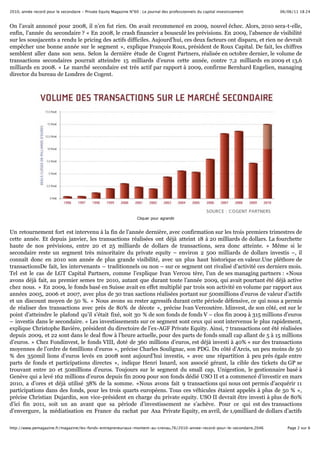 06/06/11 18:242010, année record pour le secondaire - Private Equity Magazine N°60 : Le journal des professionnels du capital investissement
Page 2 sur 6http://www.pemagazine.fr/magazine/les-fonds-entrepreneuriaux-montent-au-crenau,76/2010-annee-record-pour-le-secondaire,2046
On l’avait annoncé pour 2008, il n’en fut rien. On avait recommencé en 2009, nouvel échec. Alors, 2010 sera-t-elle,
enfin, l’année du secondaire ? « En 2008, le crash financier a bousculé les prévisions. En 2009, l’absence de visibilité
sur les sousjacents a rendu le pricing des actifs difficiles. Aujourd’hui, ces deux facteurs ont disparu, et rien ne devrait
empêcher une bonne année sur le segment », explique François Roux, président de Roux Capital. De fait, les chiffres
semblent aller dans son sens. Selon la dernière étude de Cogent Partners, réalisée en octobre dernier, le volume de
transactions secondaires pourrait atteindre 15 milliards d’euros cette année, contre 7,2 milliards en 2009 et 13,6
milliards en 2008. « Le marché secondaire est très actif par rapport à 2009, confirme Bernhard Engelien, managing
director du bureau de Londres de Cogent.
Cliquer pour agrandir
Un retournement fort est intervenu à la fin de l’année dernière, avec confirmation sur les trois premiers trimestres de
cette année. Et depuis janvier, les transactions réalisées ont déjà atteint 18 à 20 milliards de dollars. La fourchette
haute de nos prévisions, entre 20 et 25 milliards de dollars de transactions, sera donc atteinte. » Même si le
secondaire reste un segment très minoritaire du private equity – environ 2 500 milliards de dollars investis –, il
connaît donc en 2010 son année de plus grande visibilité, avec un plus haut historique en valeur.Une pléthore de
transactionsDe fait, les intervenants – traditionnels ou non – sur ce segment ont rivalisé d’activité ces derniers mois.
Tel est le cas de LGT Capital Partners, comme l’explique Ivan Vercou tère, l’un de ses managing partners : «Nous
avons déjà fait, au premier semes tre 2010, autant que durant toute l’année 2009, qui avait pourtant été déjà active
chez nous. » En 2009, le fonds basé en Suisse avait en effet multiplié par trois son activité en volume par rapport aux
années 2005, 2006 et 2007, avec plus de 30 tran sactions réalisées portant sur 500millions d’euros de valeur d’actifs
et un discount moyen de 50 %. « Nous avons su rester agressifs durant cette période défensive, ce qui nous a permis
de réaliser des transactions avec près de 80% de décote », précise Ivan Vercoutère. Idinvest, de son côté, est sur le
point d’atteindre le plafond qu’il s’était fixé, soit 30 % de son fonds de fonds V – clos fin 2009 à 315 millions d’euros
– investis dans le secondaire. « Les investissements sur ce segment sont ceux qui sont intervenus le plus rapidement,
explique Christophe Bavière, président du directoire de l’ex-AGF Private Equity. Ainsi, 7 transactions ont été réalisées
depuis 2009, et 22 sont dans le deal flow à l’heure actuelle, pour des parts de fonds small cap allant de 5 à 15 millions
d’euros. » Chez Fondinvest, le fonds VIII, doté de 360 millions d’euros, est déjà investi à 40% « sur des transactions
moyennes de l’ordre de 6millions d’euros », précise Charles Soulignac, son PDG. Du côté d’Arcis, un peu moins de 50
% des 350mil lions d’euros levés en 2008 sont aujourd’hui investis, « avec une répartition à peu près égale entre
parts de fonds et participations directes », indique Henri Isnard, son associé gérant, la cible des tickets du GP se
trouvant entre 20 et 50millions d’euros. Toujours sur le segment du small cap, Unigestion, le gestionnaire basé à
Genève qui a levé 162 millions d’euros depuis fin 2009 pour son fonds dédié USO II et a commencé d’investir en mars
2010, a d’ores et déjà utilisé 38% de la somme. «Nous avons fait 9 transactions qui nous ont permis d’acquérir 11
participations dans des fonds, pour les trois quarts européens. Tous ces véhicules étaient appelés à plus de 50 % »,
précise Christian Dujardin, son vice-président en charge du private equity. USO II devrait être investi à plus de 80%
d’ici fin 2011, soit un an avant que sa période d’investissement ne s’achève. Pour ce qui est des transactions
d’envergure, la médiatisation en France du rachat par Axa Private Equity, en avril, de 1,9milliard de dollars d’actifs
 