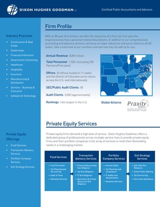 Certified Public Accountants and Advisors




                             Firm Profile
Industry Practices           With an 80 year firm history, we offer the resources of a first-tier firm plus the
                             responsiveness that a personal relationship delivers. In addition to our comprehensive
•   Construction & Real
                             accounting and advisory services, we focus on major industries and serve clients in all 50
    Estate
                             states. Take a hard look at our numbers and see how they all add up for you.
•   Dealerships
•   Financial Institutions   Annual Revenue: $280 million
•   Government Contracting
                             Total Personnel: 1,700+ (including 250
•   Healthcare               Partners/Principals)
•   Hospitality
•   Insurance                Offices: 30 offices located in 11 states
                             and the District of Columbia serve clients
•   Manufacturing &          across the U.S. and internationally
    Distribution
•   Services - Business &    SEC/Public Audit Clients: 58
    Consumer
•   Software & Technology    Audit Clients: 3,000 (approximately)

                             Rankings: 14th largest in the U.S.                Global Alliance:




                             Private Equity Services
Private Equity               Private equity firms demand a high level of service. Dixon Hughes Goodman offers a
                             dedicated group of professionals across multiple service lines to provide private equity
Offerings
                             firms and their portfolio companies a full array of services to meet their demanding
•   Fund Services            needs in a challenging market.
•   Transaction Advisory
    Services
                                                        Transaction                Portfolio              Exit Strategy
                                 Fund Services
•   Portfolio Company                                 Advisory Services         Company Services            Services
    Services
                               • Fund Formation       • Financial/Accounting    • Annual Audits        • Sell-Side Due
•   Exit Strategy Services                              Due Diligence                                    Diligence
                               • Tax Planning and                               • Tax Planning and
                                 Structuring          • Tax Due Diligence         Compliance           • Initial Public Offering
                               • Audit of Fund        • IT Due Diligence        • IT Audits and        • Tax Structuring
                                                                                  Assessments
                               • Valuation Services   • Operations & Human                             • Carve-Out Assistance
                                                        Resources Due           • Valuation Services
                                                        Diligence
 