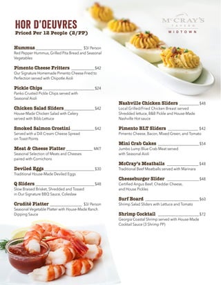Hor d’oeuvres
Priced Per 12 People (2/PP)
Hummus___________________________ $3/ Person
Red Pepper Hummus, Grilled Pita Bread and Seasonal
Vegetables
Pimento Cheese Fritters______________$42
Our Signature Homemade Pimento Cheese Fried to
Perfection served with Chipotle Aioli
Pickle Chips______________________________$24
Panko Crusted Pickle Chips served with
Seasonal Aioli
Chicken Salad Sliders__________________$42
House-Made Chicken Salad with Celery
served with Bibb Lettuce
Smoked Salmon Crostini______________$42
Served with a Dill Cream Cheese Spread
on Toast Points
Meat & Cheese Platter________________ MKT
Seasonal Selection of Meats and Cheeses
paired with Cornichons
Deviled Eggs_____________________________$30
Traditional House-Made Deviled Eggs
Q Sliders__________________________________$48
Slow Braised Brisket, Shredded and Tossed
in Our Signature BBQ Sauce, Coleslaw
Crudité Platter___________________ $3/ Person
Seasonal Vegetable Platter with House-Made Ranch
Dipping Sauce
Nashville Chicken Sliders____________$48
Local Grilled/Fried Chicken Breast served
Shredded lettuce, B&B Pickle and House-Made
Nashville Hot sauce
Pimento BLT Sliders _________________ $42
Pimento Cheese, Bacon, Mixed Green, and Tomato
Mini Crab Cakes ________________________$54
Jumbo Lump Blue Crab Meat served
with Seasonal Aioli
McCray’s Meatballs __________________ $48
Traditional Beef Meatballs served with Marinara
Cheeseburger Slider ___________________$48
Certified Angus Beef, Cheddar Cheese,
and House Pickles
Surf Board _______________________________$60
Shrimp Salad Sliders with Lettuce and Tomato
Shrimp Cocktail ________________________$72
Georgia Coastal Shrimp served with House-Made
Cocktail Sauce (3 Shrimp PP)
M I D T O W N
 