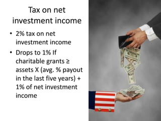 Typical private
foundation
• Funded by one
person, family,
or corporation
• Makes grants,
rather than
directly running
charitable
activity
• Expenditures
funded by
investment
income
Atleast1/3oftotalsupport1
from
memberships+charitable
operations+smalldonors2
No more than 1/3 of total
support1
from investment income
1 Includesgiftsandinvestmentincome.Largeunusualgiftsfrom
outsiderscanbeexcluded 2Includessupportfromgovernment
Public charity by
receipts
 