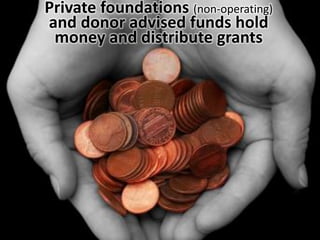 Private foundations (non-operating)
and donor advised funds hold
money and distribute grants
 