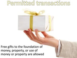 Insider or “Disqualified Person”
• Officer, director, trustee, or any employee with
responsibility for the act
• Ancestor, spouse,
descendent, or spouse
of descendent of above
• Corporation, trust, or
partnership owned 35%
or more by above
• Substantial contributor
 >2% of all
contributions from
foundation start
to end of tax year
(+>5K total
contributions)
 Grantors of a
charitable trust
automatically qualify
 