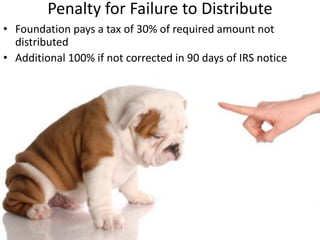 Administrative expenses
for grant-making or
fundraising (but not
investment management)
also count as charitable
expenditures towards the
5% minimum required
payout
 