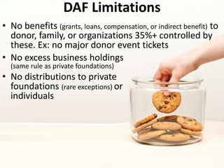 • Self-dealing
• Failure to distribute income
• Excess business holding
• Investments that jeopardize charitable purpose
• Taxable expenditures
Insider Benefits Charitable Purposes
 