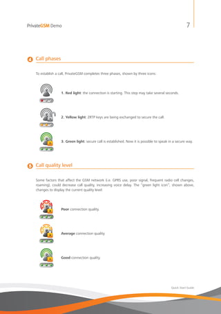 PrivateGSM Demo                                                                                         7




4   Call phases

    To establish a call, PrivateGSM completes three phases, shown by three icons:




                    1. Red light: the connection is starting. This step may take several seconds.




                    2. Yellow light: ZRTP keys are being exchanged to secure the call.




                    3. Green light: secure call is established. Now it is possible to speak in a secure way.




5   Call quality level

    Some factors that affect the GSM network (i.e. GPRS use, poor signal, frequent radio cell changes,
    roaming), could decrease call quality, increasing voice delay. The “green light icon”, shown above,
    changes to display the current quality level:




                    Poor connection quality.




                    Average connection quality.




                    Good connection quality.




                                                                                             Quick Start Guide
 
