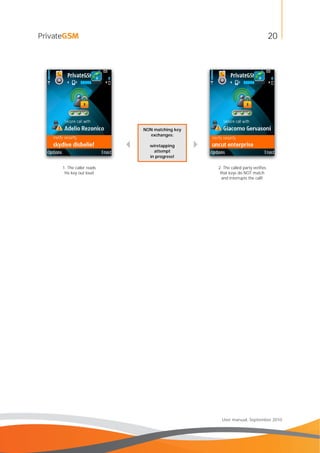 20
User manual, September 2010

NON matching key
exchanges:
wiretapping
attempt
in progress!

1. The caller reads
his key out loud
2. The called party verifies
that keys do NOT match
and interrupts the call!
 