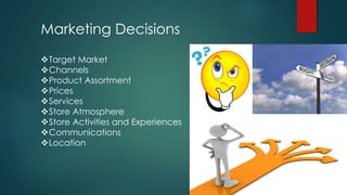 Marketing Decisions
Target Market
Channels
Product Assortment
Prices
Services
Store Atmosphere
Store Activities and Experiences
Communications
Location
 