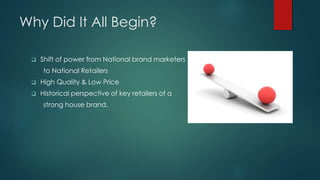 Why Did It All Begin?
 Shift of power from National brand marketers
to National Retailers
 High Quality & Low Price
 Historical perspective of key retailers of a
strong house brand.
 