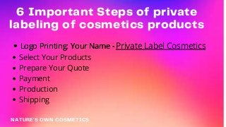 NATURE'S OWN COSMETICS
6 Important Steps of private
labeling of cosmetics products
Logo Printing: Your Name -
Select Your Products
Prepare Your Quote
Payment
Production
Shipping
Logo Printing: Your Name -Private Label Cosmetics
 