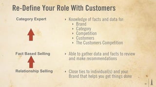 Re-Define Your Role With Customers
 Category Expert        ‣   Knowledge of facts and data for:
                              ‣ Brand
                              ‣ Category
                              ‣ Competition
                              ‣ Customers
                              ‣ The Customers Competition


 Fact Based Selling     ‣   Able to gather data and facts to review
                            and make recommendations

 Relationship Selling   ‣   Close ties to individual(s) and your
                            Brand that helps you get things done
                                                                      29
 
