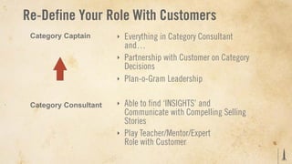Re-Define Your Role With Customers
 Category Captain      ‣   Everything in Category Consultant
                           and…
                       ‣   Partnership with Customer on Category
                           Decisions
                       ‣   Plan-o-Gram Leadership

 Category Consultant   ‣   Able to find ‘INSIGHTS’ and
                           Communicate with Compelling Selling
                           Stories
                       ‣   Play Teacher/Mentor/Expert
                           Role with Customer
 