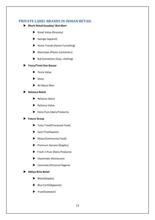 PRIVATE LABEL BRANDS IN INDIAN RETAIL
   Bharti Retail Easyday/ Wal-Mart

          Great Value (Grocery)

          George (apparel)

          Home Trends (Home Furnishing)

          Mainstays (Plastic Containers)

          Kid Connection (toys, clothing)

   Tesco/Trent Star Bazaar

          Tesco Value

          Daisy

          All About Men

   Reliance Retail

          Reliance Select

          Reliance Value

          Dairy Pure (dairy Products)

   Future Group

          Tasty Treat(Processed Food)

          Sach (Toothpaste)

          Ektaa (Community Food)

          Premium Harvest (Staples)

          Fresh n Pure (Dairy Products)

          Cleanmate (Homecare)

          Caremate (Personal Hygine)

   Aditya Birla Retail

          More(Staples)

          Blue Earth(Apparels)

          True(Footwear)



                                             13
 