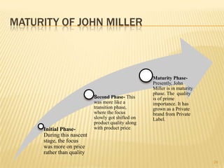 MATURITY OF JOHN MILLER



                                                   Maturity Phase-
                                                   Presently, John
                                                   Miller is in maturity
                                                   phase. The quality
                           Second Phase- This      is of prime
                           was more like a         importance. It has
                           transition phase,       grown as a Private
                           where the focus         brand from Private
                           slowly got shifted on   Label.
                           product quality along
     Initial Phase-        with product price.
     During this nascent
     stage, the focus
     was more on price
     rather than quality
                                                                           24
 
