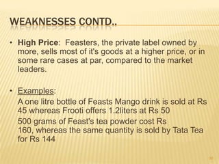 WEAKNESSES CONTD..
• High Price: Feasters, the private label owned by
  more, sells most of it's goods at a higher price, or in
  some rare cases at par, compared to the market
  leaders.

• Examples:
  A one litre bottle of Feasts Mango drink is sold at Rs
  45 whereas Frooti offers 1.2liters at Rs 50
  500 grams of Feast's tea powder cost Rs
  160, whereas the same quantity is sold by Tata Tea
  for Rs 144

                                                            30
 