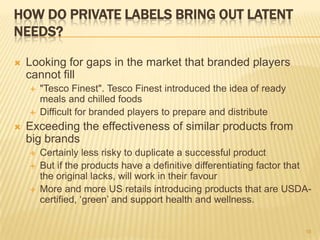 HOW DO PRIVATE LABELS BRING OUT LATENT
NEEDS?

   Looking for gaps in the market that branded players
    cannot fill
   ...