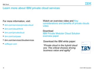 © 2014 IBM Corporation
IBM Cloud
1818
Learn more about IBM private cloud services
For more information, visit:
 ibm.com/services/private-cloud
 ibm.com/cloud/think
 ibm.com/privatecloud
 ibm.com/cai/paas
 ibm.com/services/cloudservices
 softlayer.com
Download the IBM white paper:
“Private cloud in the hybrid cloud
era: The critical choices driving
business value and agility”
Watch an overview video and Key
considerations and benefits of private clouds
video
Download
IBM Private Modular Cloud Solution
overview paper
 
