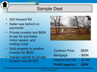 • 303 Howard Rd
• Seller was behind on
payments
• Private investor lent $60K
to pay for purchase,
minor repairs, and
holding costs
• Sold property to another
investor for $83K
• Interest earned by private
investor was $2,800
Contract Price $83K
Mortgage - $60K
Interest Earned - $2.8K
Profit (approx.) $20K
Sample Deal
© 2008 – Elia Santiago
 