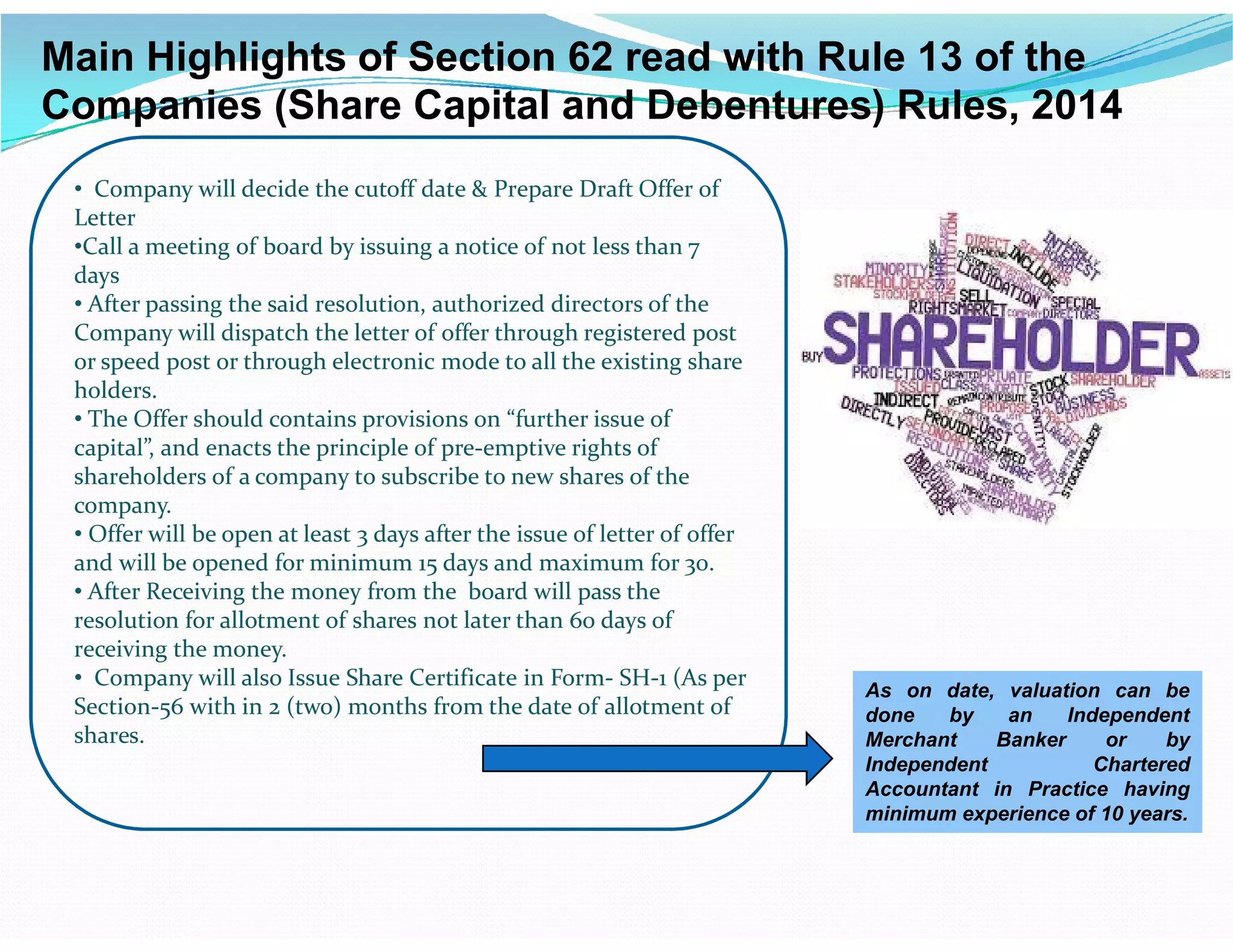 Main Highlights of Section 62 read with Rule 13 of the
Companies (Share Capital and Debentures) Rules, 2014
• Company will decide the cutoff date & Prepare Draft Offer of
Letter
•Call a meeting of board by issuing a notice of not less than 7
days
• After passing the said resolution, authorized directors of the
Company will dispatch the letter of offer through registered post
or speed post or through electronic mode to all the existing share
holders.
• The Offer should contains provisions on “further issue of
capital”, and enacts the principle of pre-emptive rights of
shareholders of a company to subscribe to new shares of theshareholders of a company to subscribe to new shares of the
company.
• Offer will be open at least 3 days after the issue of letter of offer
and will be opened for minimum 15 days and maximum for 30.
• After Receiving the money from the board will pass the
resolution for allotment of shares not later than 60 days of
receiving the money.
• Company will also Issue Share Certificate in Form- SH-1 (As per
Section-56 with in 2 (two) months from the date of allotment of
shares.
As on date, valuation can be
done by an Independent
Merchant Banker or by
Independent Chartered
Accountant in Practice having
minimum experience of 10 years.
 
