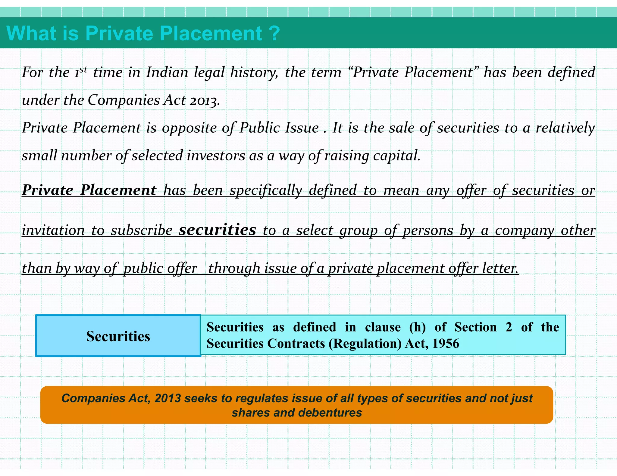 What is Private Placement ?
For the 1st time in Indian legal history, the term “Private Placement” has been defined
under the Companies Act 2013.
Private Placement is opposite of Public Issue . It is the sale of securities to a relatively
small number of selected investors as a way of raising capital.
Private Placement has been specifically defined to mean any offer of securities or
invitation to subscribe securities to a select group of persons by a company otherinvitation to subscribe securities to a select group of persons by a company other
than by way of public offer through issue of a private placement offer letter.
Securities
Securities as defined in clause (h) of Section 2 of the
Securities Contracts (Regulation) Act, 1956
Companies Act, 2013 seeks to regulates issue of all types of securities and not just
shares and debentures
 
