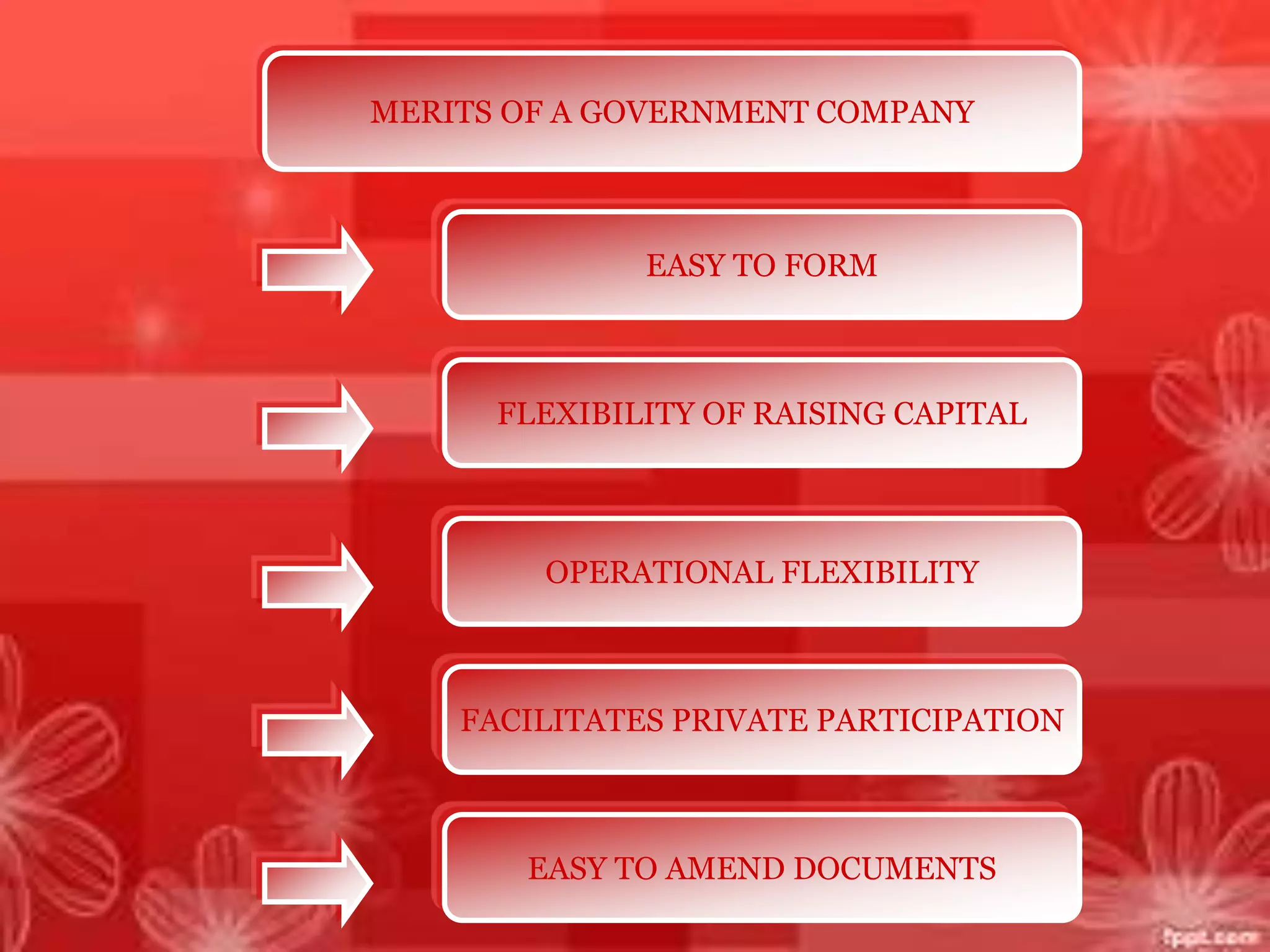 MERITS OF A GOVERNMENT COMPANY
EASY TO FORM
FLEXIBILITY OF RAISING CAPITAL
OPERATIONAL FLEXIBILITY
EASY TO AMEND DOCUMENTS
FACILITATES PRIVATE PARTICIPATION
 