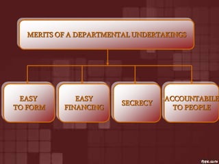 MERITS OF A DEPARTMENTAL UNDERTAKINGS
EASY
TO FORM
EASY
FINANCING
SECRECY
ACCOUNTABILE
TO PEOPLE
 